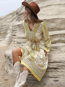 Aveloria Vestido midi de manga larga con cuello en V, cintura ceñida y estampado de paisley vintage