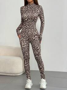 SHEIN Unity Mono de manga larga con cuello alto y estampado de leopardo - Multicolor - Ver 6