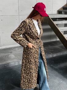 Aveloria Modichic Fashionable Minimalist Versatile Leopard Print Knitted Stand Collar Cinched Waist Mid-Length Knitted Coat Fall Winter Cloth For Women