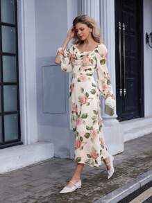 Aveloria Rosie Vestido de gasa de manga larga con cuello cuadrado elegante y vintage, ribete de volantes, estampado floral y cintura ceñida