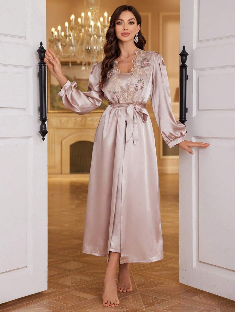Embroidery Decor Faux Silk Pajamas Set - Champagne - View 1