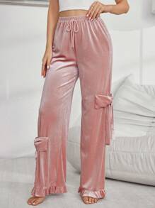 Women's Solid Velvet Bow Pajama Bottoms, Autumn & Winter