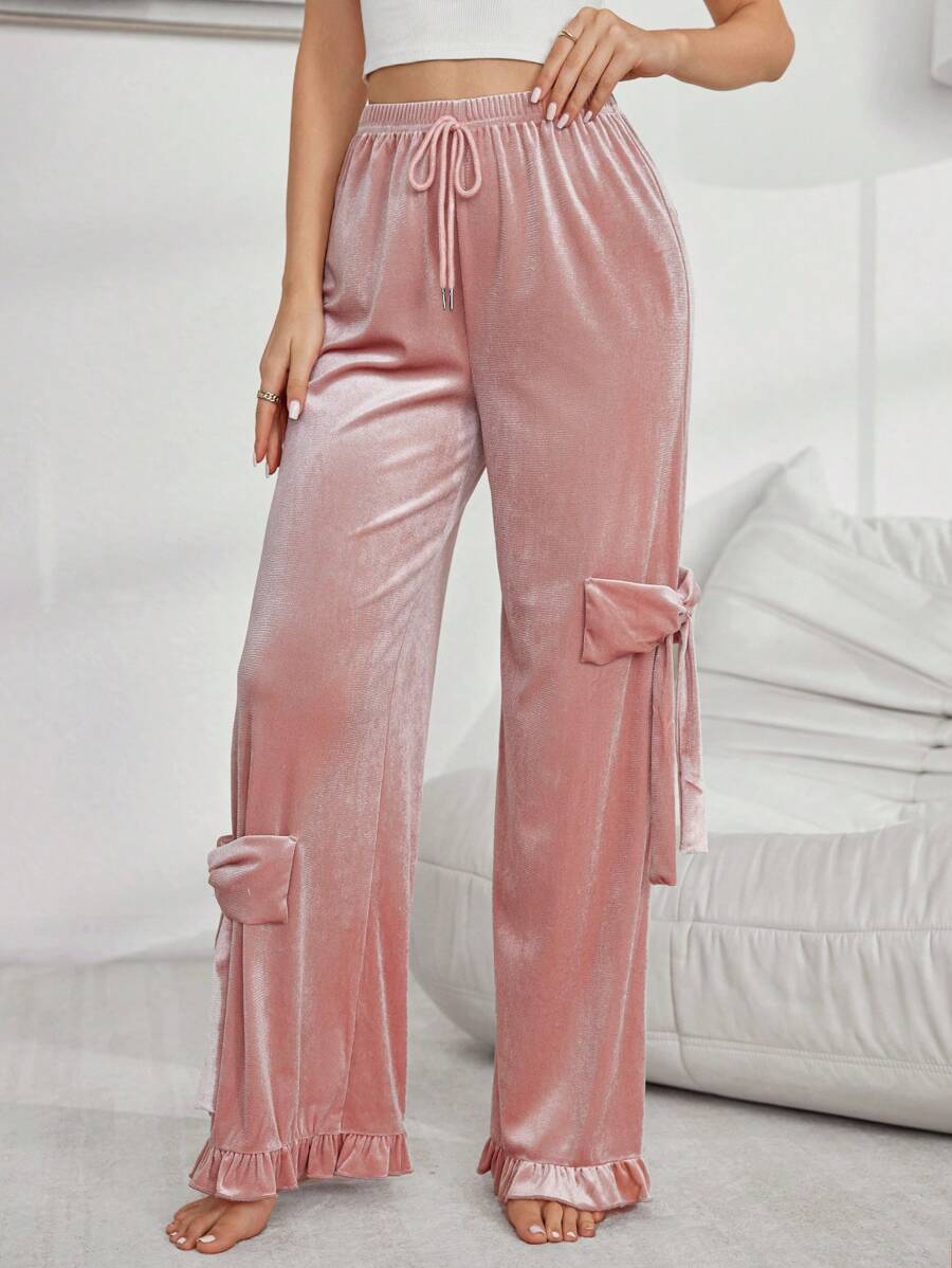 Women's Solid Velvet Bow Pajama Bottoms, Autumn & Winter
