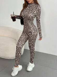 SHEIN Unity Mono de manga larga con cuello alto y estampado de leopardo - Multicolor - Ver 1