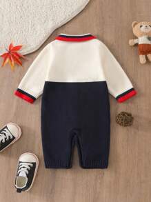 Baby Boy Striped Knitted Romper With Emblem, Long Sleeve - Blue and White - View 2