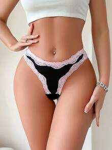 女士撞色蕾丝拼布镂空内裤 - 彩色 - 查看 5
