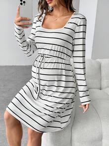 SHEIN 孕妇春秋休闲条纹抽绳腰连衣裙，适合孕妇 - 黑色 - 查看 5
