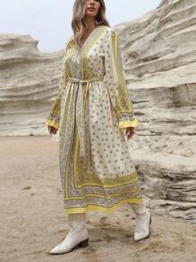 Aveloria Vestido midi de manga larga con cuello en V, cintura ceñida y estampado de paisley vintage