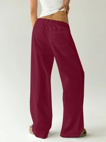 Muchica 纯色休闲低腰直筒裤 - 酒紅色 - 查看 2
