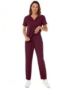 V-Neck Pocket Short Sleeve Top And Pocket Pants 2pcs Scrub Uniform Set