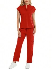 2pcs Women Solid Color V-Neck Cap Sleeve Top And Pants Scrub Uniform Set Spring Red - Red - View 7