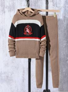 Tween Boy Casual Knitted Sweater & Pants Set For Autumn/Winter. This Boys' Autumn/Winter Sweater Set Features A Brown And Black Color-Blocking Design, With Striped Elements And Unique Graphics, Showcasing A Fashionable And Personalized Style - Khaki - View 1