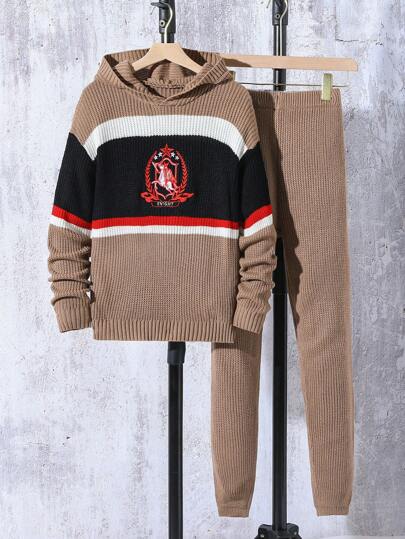秋冬款男童休闲针织毛衣和裤子套装。这款男童秋冬毛衣套装采用棕黑撞色设计，搭配条纹元素和独特图案，展现时尚个性风格。
