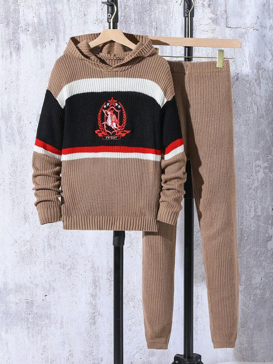 Tween Boy Casual Knitted Sweater & Pants Set For Autumn/Winter. This Boys' Autumn/Winter Sweater Set Features A Brown And Black Color-Blocking Design, With Striped Elements And Unique Graphics, Showcasing A Fashionable And Personalized Style - Khaki - View 1