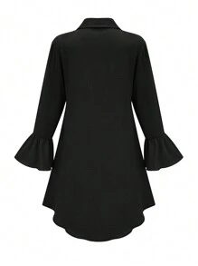 Vestido camisero de mujer de manga de campana de unicolor y estilo casual - Negro - Ver 2