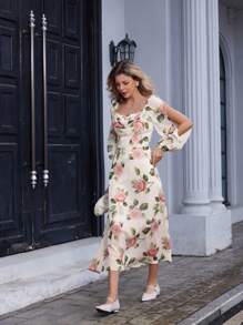 Aveloria Rosie Vestido de gasa de manga larga con cuello cuadrado elegante y vintage, ribete de volantes, estampado floral y cintura ceñida