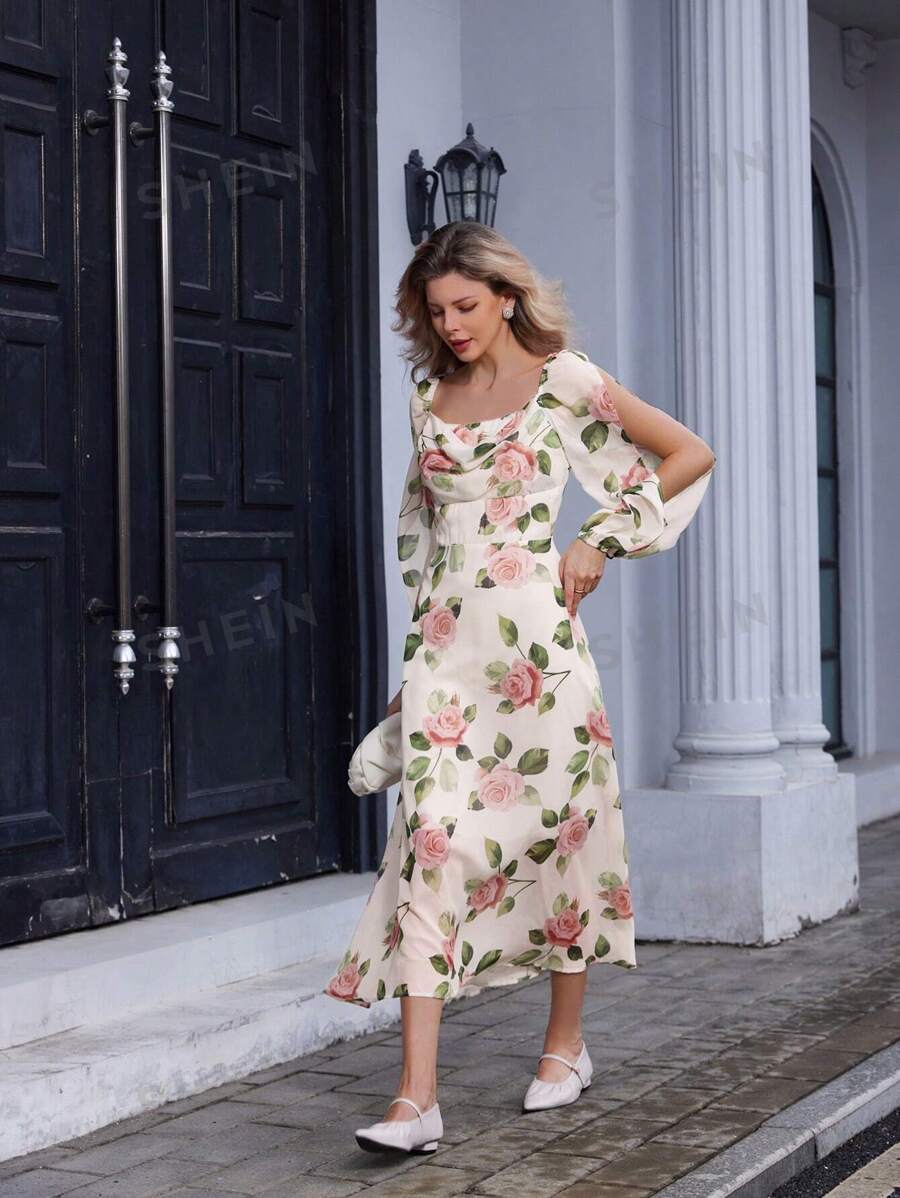 Aveloria Rosie Vestido de gasa de manga larga con cuello cuadrado elegante y vintage, ribete de volantes, estampado floral y cintura ceñida