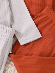 Conjunto de 3 piezas para niña bebé, top de manga larga cuello redondo tejido y pantalones de unicolor - Gris Claro - Ver 3