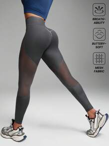 Innovista 女士纯色高腰拼接网眼健身紧身裤 - 深灰色 - 查看 3