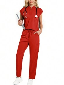 2pcs Women Solid Color V-Neck Cap Sleeve Top And Pants Scrub Uniform Set Spring Red - Red - View 2