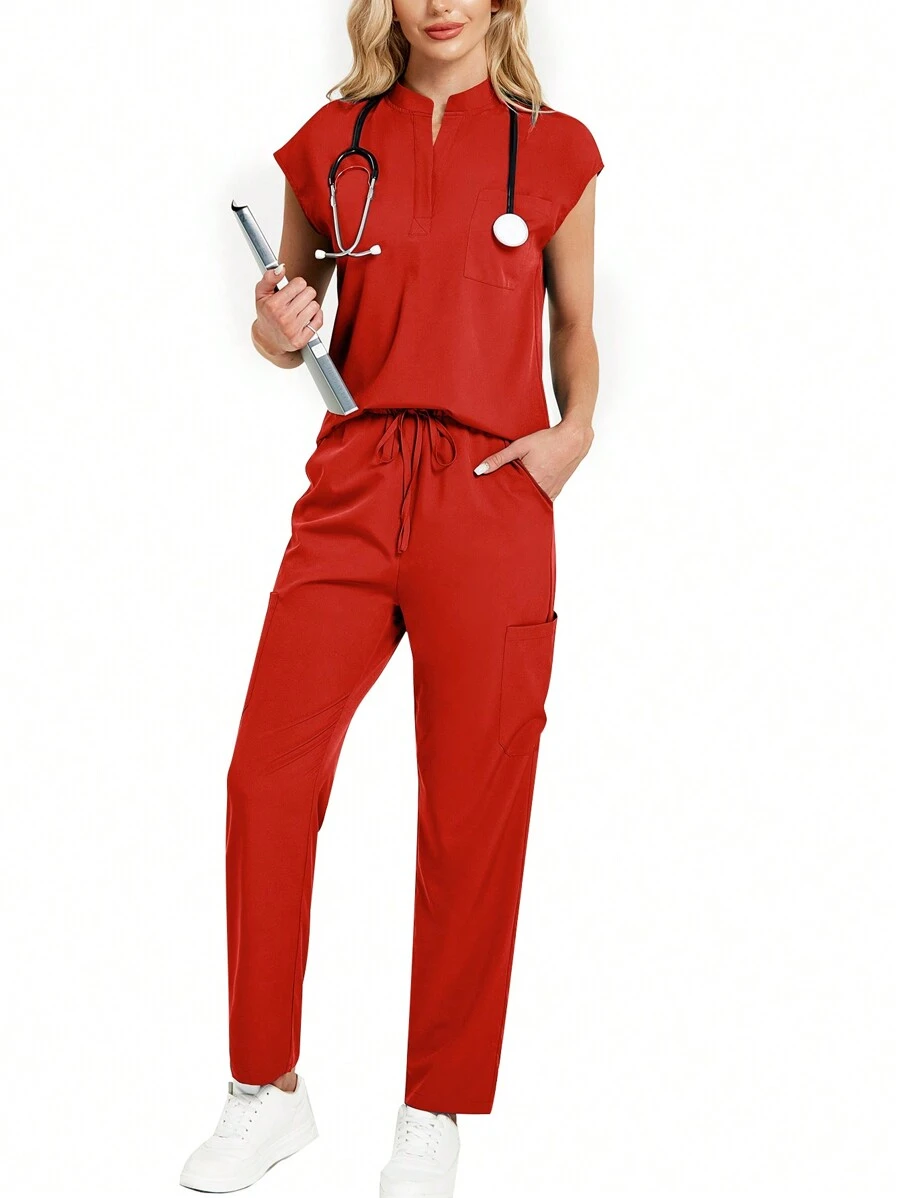 2pcs Women Solid Color V-Neck Cap Sleeve Top And Pants Scrub Uniform Set Spring Red
