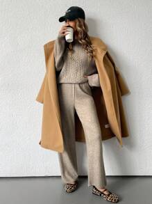 GENKIRA 2 件套：休闲圆领宽松针织毛衣和直筒裤 - 卡其色 - 查看 3