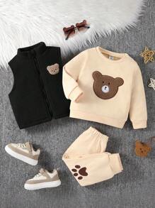 3pcs/Set Baby Boy Cute Bear Print Sweatshirt, Pants And Vest, Fall/Winter - Black - View 1