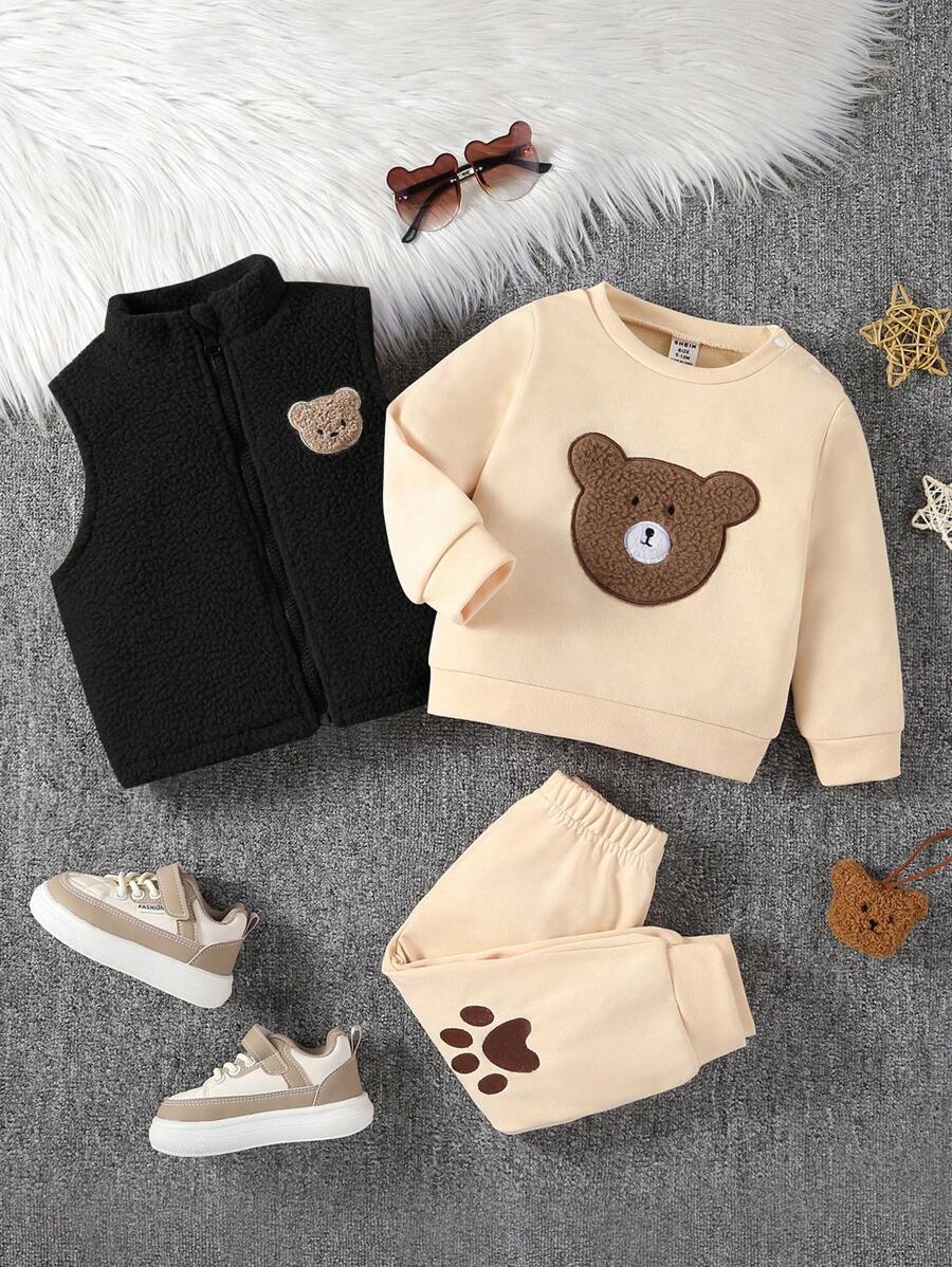 3pcs/Set Baby Boy Cute Bear Print Sweatshirt, Pants And Vest, Fall/Winter - Black - View 1