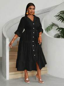Maweii Plus Size Front Button Long Sleeve Minimalist Pleat Detail Casual Dress Maxi Women Outfit