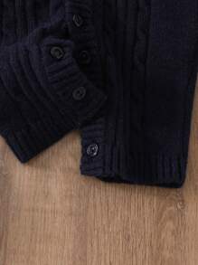 Baby Boy Striped Knitted Romper With Emblem, Long Sleeve - Blue and White - View 6