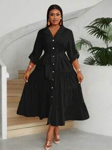 Maweii Plus Size Front Button Long Sleeve Minimalist Pleat Detail Casual Dress Maxi Women Outfit