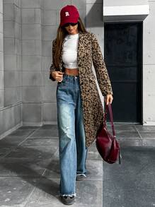 Aveloria Modichic Fashionable Minimalist Versatile Leopard Print Knitted Stand Collar Cinched Waist Mid-Length Knitted Coat Fall Winter Cloth For Women
