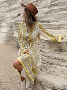 Aveloria Vestido midi de manga larga con cuello en V, cintura ceñida y estampado de paisley vintage