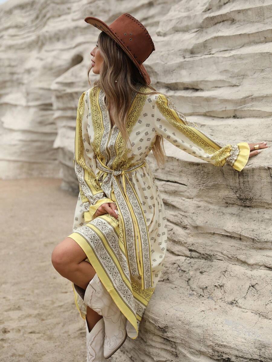 Aveloria Vestido midi de manga larga con cuello en V, cintura ceñida y estampado de paisley vintage