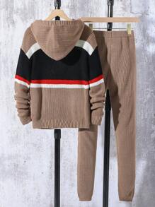 Tween Boy Casual Knitted Sweater & Pants Set For Autumn/Winter. This Boys' Autumn/Winter Sweater Set Features A Brown And Black Color-Blocking Design, With Striped Elements And Unique Graphics, Showcasing A Fashionable And Personalized Style - Khaki - View 2