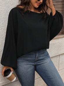 Juhart Áo cánh dơi cổ bẻ tay rộng màu trơn cỡ lớn cho nữ, áo một bên vai - màu đen - Xem 6