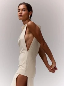 MUSERA Vestido largo elegante de cuello de barco con abertura lateral para primavera, verano, vacaciones, fiesta, boda, despedida de soltera, graduación, baile de graduación - Crema - Ver 5