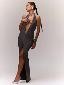 MUSERA Sexy Extreme Halter Neck Split Dress Ibiza Fits Boho Spring Vacation Summer Festival - Grey - View 4