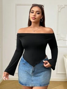 SHEIN EZwear Plus Size Women Spring Summer Solid Asymmetrical Hem Casual Off Shoulder T-Shirt Top