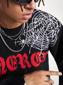 Manfinity EMRG Suéter rasgado con estampado de telaraña y letras de moda para hombre, otoño