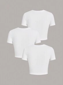 SHEIN EZwear 3pcs Set Casual Minimalist Leopard Print Round Neck Short Sleeve Cropped Tight T-Shirts, Summer For Women Suitable For Going Out