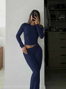 INAWLY 2 件套女士休闲纯色圆领长袖 T 恤和喇叭裤套装，春夏 - 藏蓝色 - 查看 2