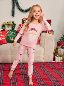 SHEIN Young Girl Santa Claus Element Fleece Pink Snug Fit Long Sleeve Top And Pants Home Pajama Set, For Christmas - Pink - View 7