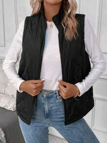 SHEIN LUNE Áo khoác vest thường ngày cổ đứng lót họa tiết kim cương trơn mùa đông cho nữ - Màu xanh nhạt - Xem 6
