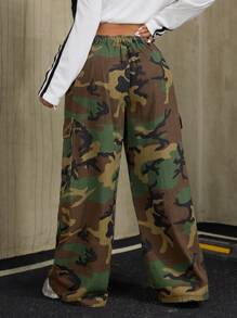 SHEIN ICON Plus Size Women Wide Leg Loose Washed Camouflage Cargo Denim Pants