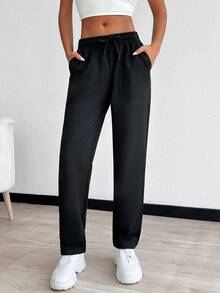 SHEIN PETITE Damen einfarbige Jogginghose mit Tunnelzug Taille und schrägen Taschen - Schwarz - Übersicht 3