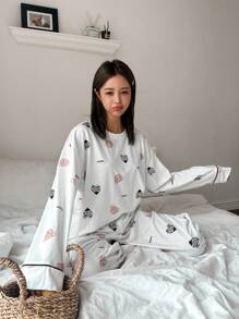 DAZY Women Cute Cartoon Print Round Neck Drop Shoulder Top And Pants Pajamas Set, Spring Summer - Beige - View 5