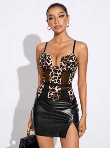 SHEIN SXY Femei Solid & Print Leopard Patchwork Carasol Imprimeu Ghepard - Multicolor - Vizualizare 6