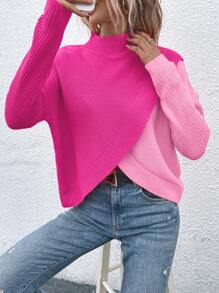 Calvaya 女士立领长袖拼接时尚舒适套头毛衣，长袖上衣 - 彩色 - 查看 1