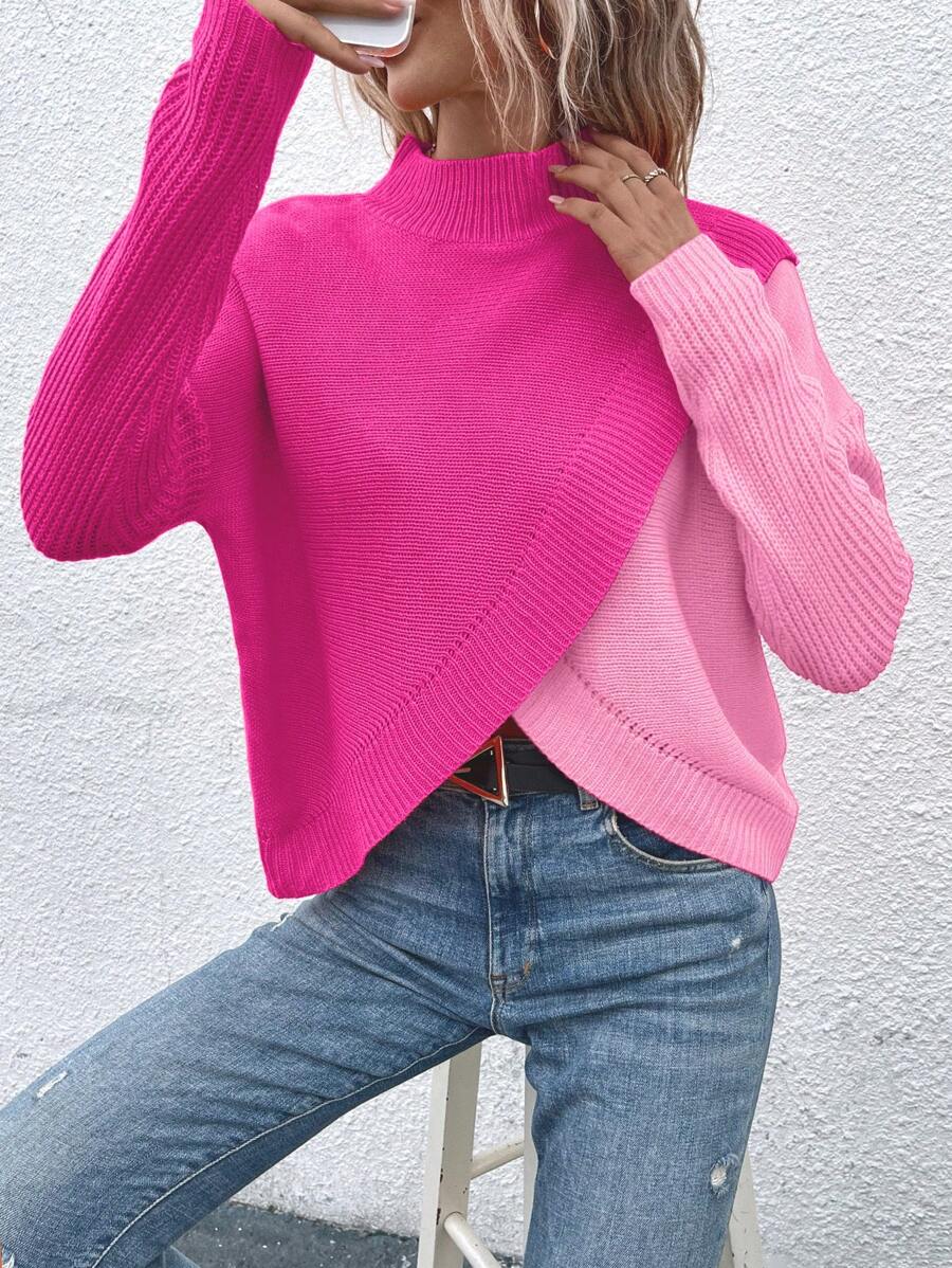 Calvaya 女士立领长袖拼接时尚舒适套头毛衣，长袖上衣 - 彩色 - 查看 1